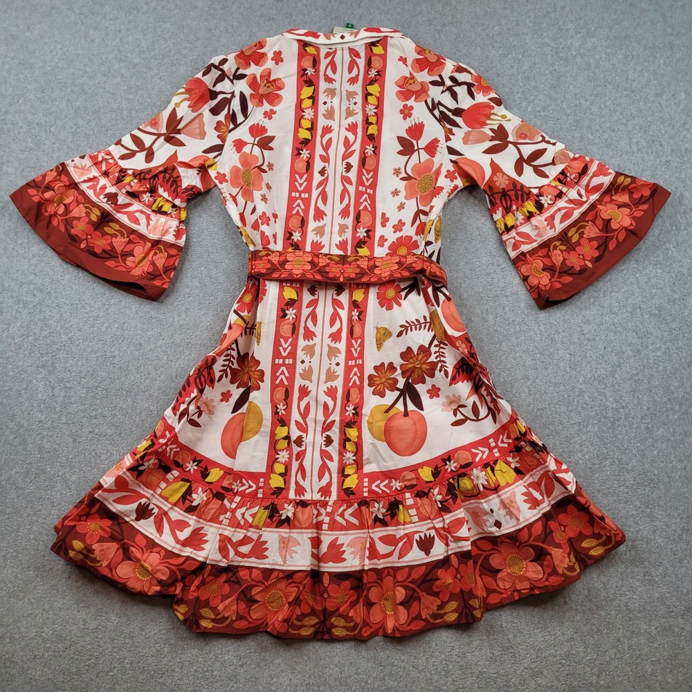 Farm Rio Mini Dress Womens XS Red Floral‎ Belted Bell Sleeve 317805 Cotton - Picture 7 of 7